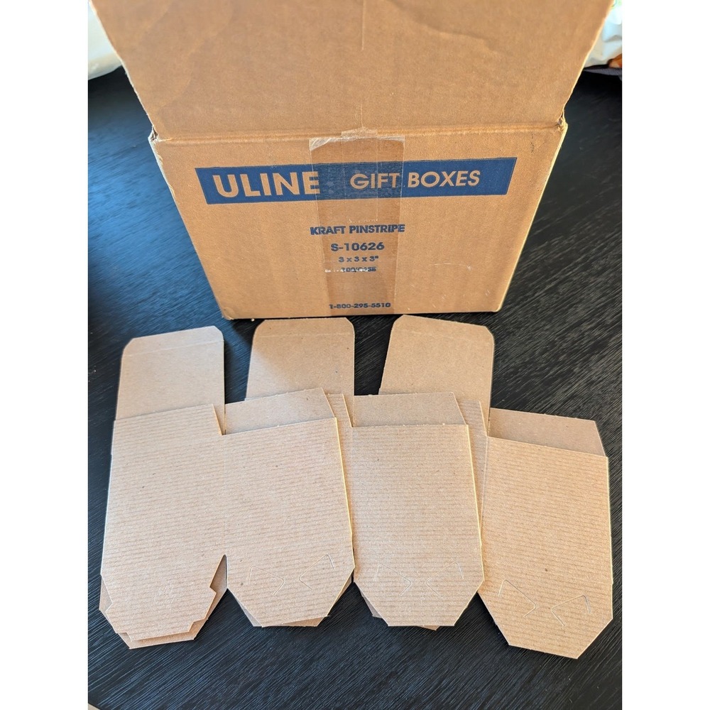 Uline Kraft Pinstripe Gift Boxes 3x3x3 S-10626 Brown Square Folding Bulk Lot
